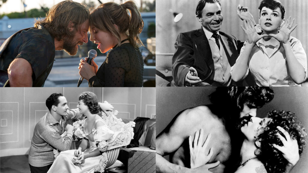 Montagem com imagens das quatro versões de Nasce uma Estrela. Créditos: United Artists e Warner Bros. Pictures;