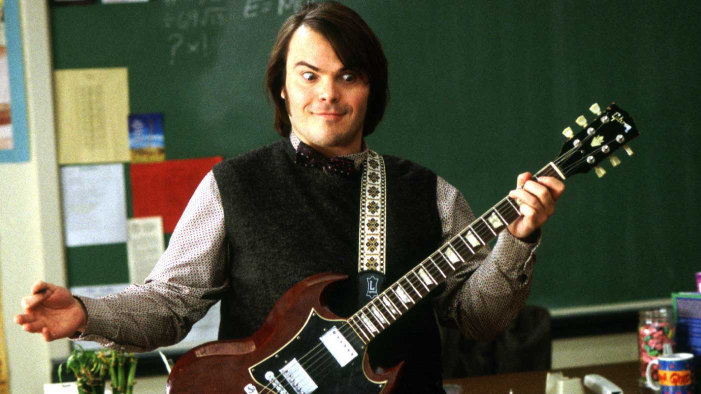 Jack Black em Escola de Rock (2003). Distribuição: Paramount Pictures.